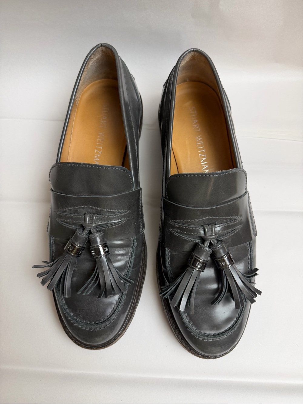 Stuart Weitzman Black Leather Tassel Penny Loafers